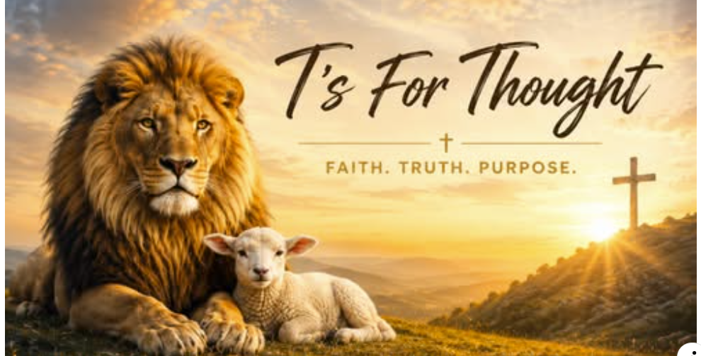 A lion and a lamb resting together on a grassy hillside at sunrise with a cross in the distance — T's for Thought cover artwork