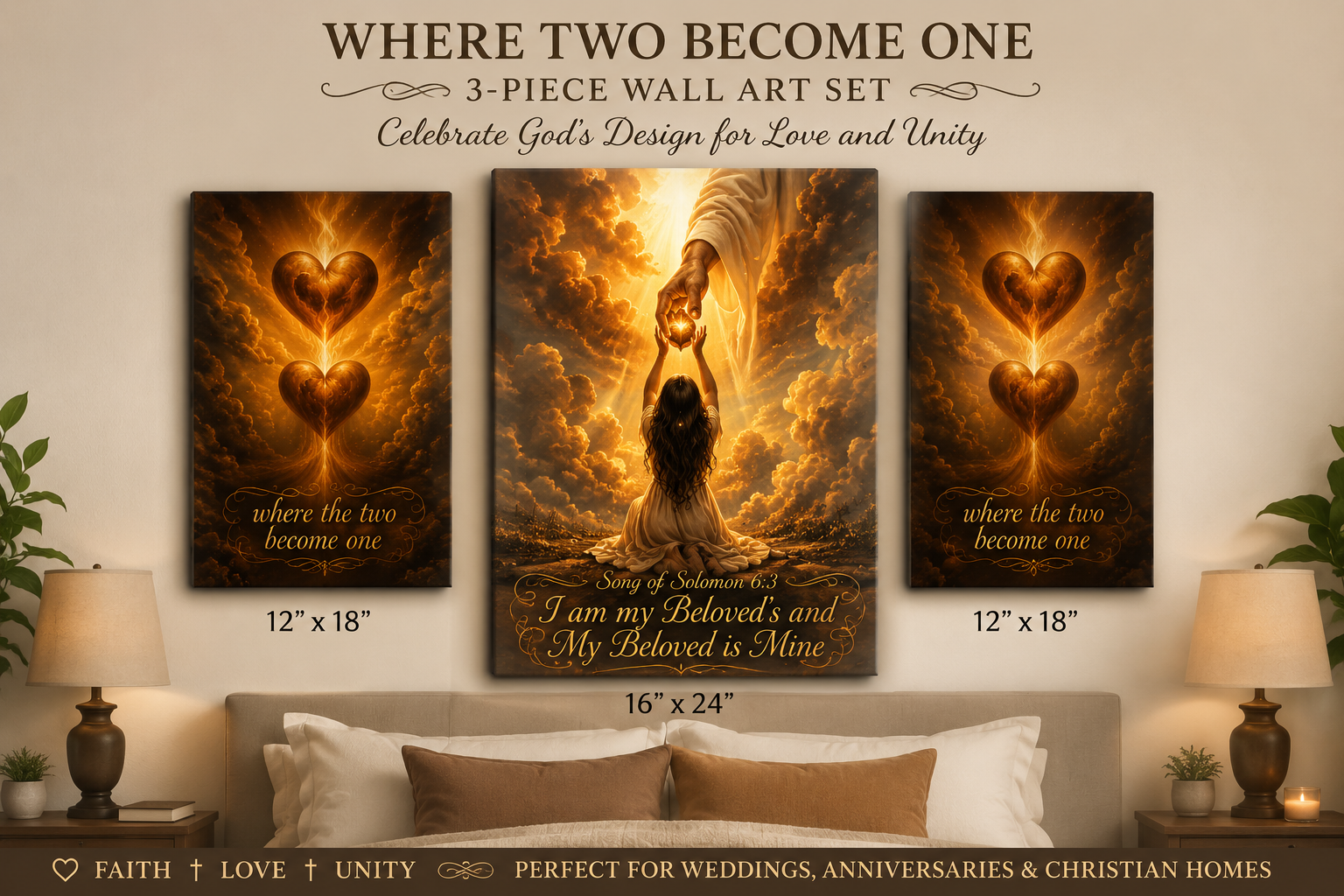 Where Two Become One 3-piece Christian marriage wall art set displayed above a bed — two 12 by 18 inch heart canvases beside a 16 by 24 inch Song of Solomon 6:3 centerpiece
